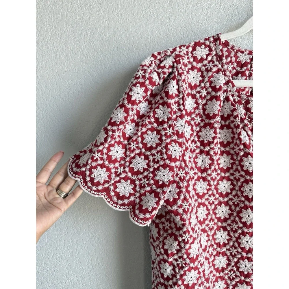 LOFT Floral Eyelet Lace Red Blouse Puff Sleeve Scallop Cottagecore Coquette XL